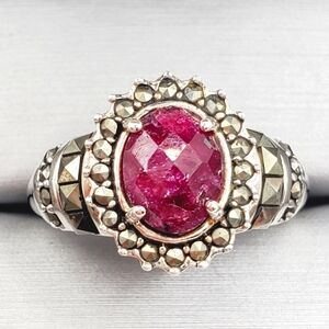 Genuine Checkerboard Cut Oval Ruby & Marcasite 925 Sterling Silver Halo …